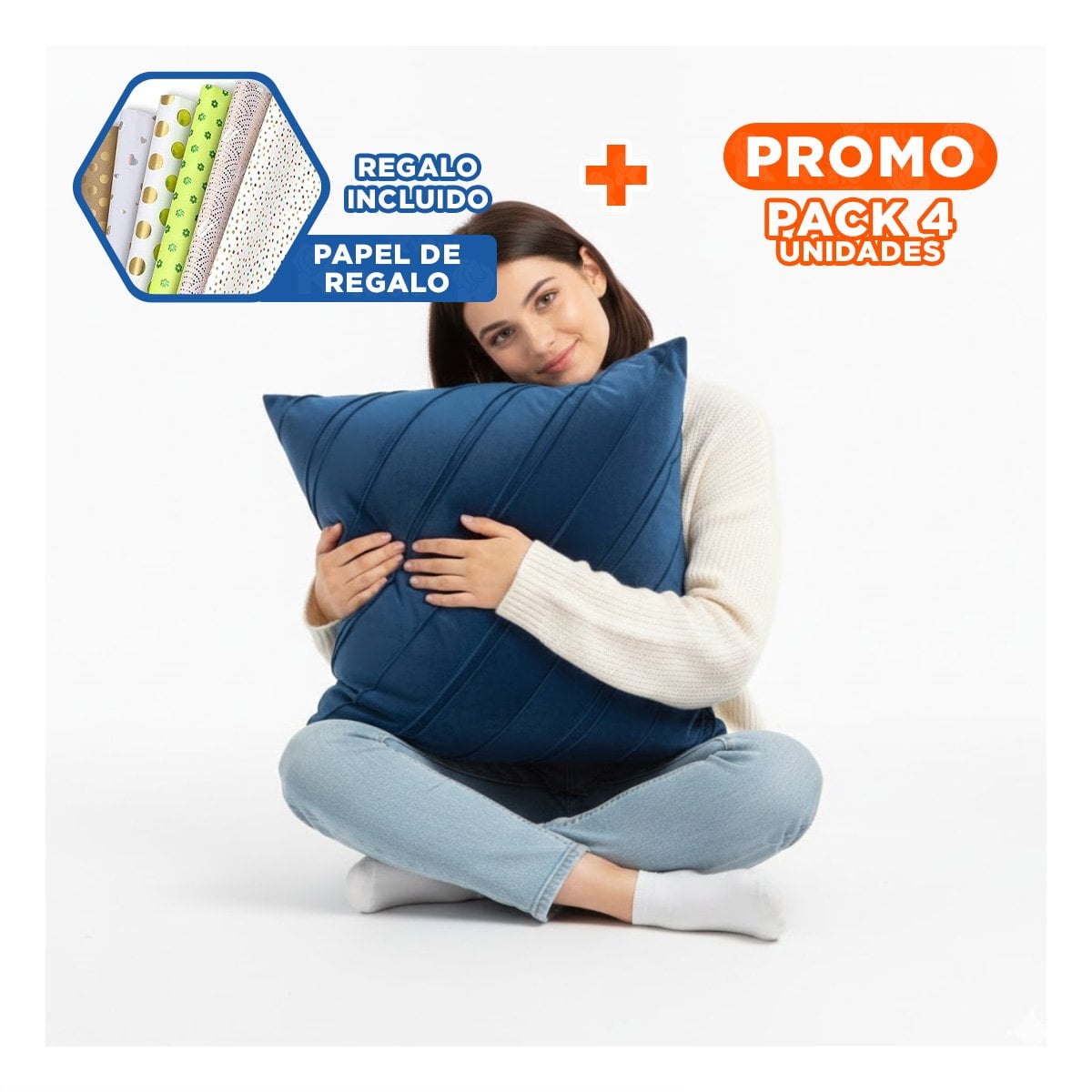 PACK4 FUNDA PARA ALMOHADA QUE COMBINA TERCIOPELO Y DIAGONALES EN COLOR AZUL Y+PAPEL REGALO - 1