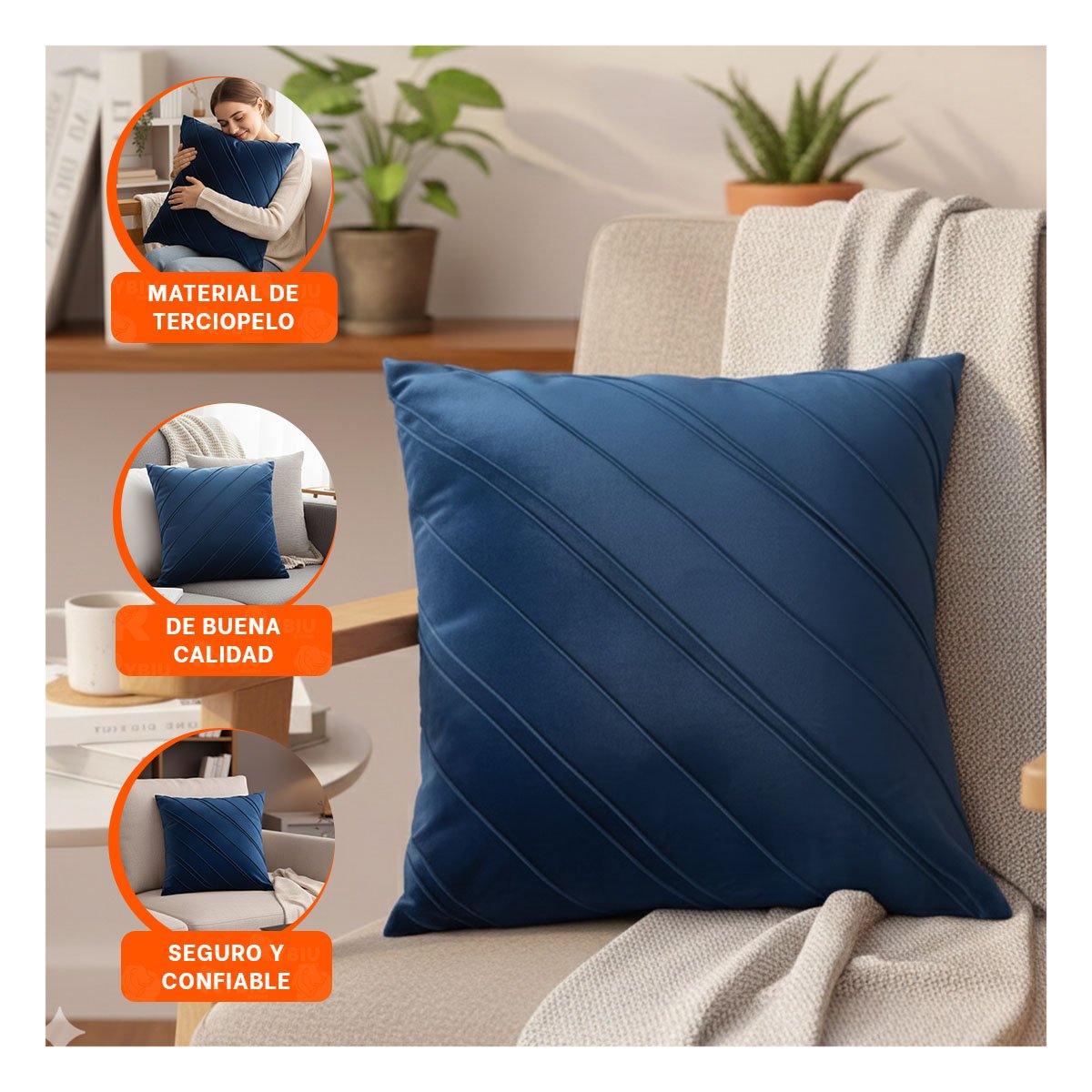 CUBIERTA PARA ALMOHADA CON TEXTURA SUAVE DE TERCIOPELO Y DIAGONALES EN AZUL Y+PAPEL REGALO - 5