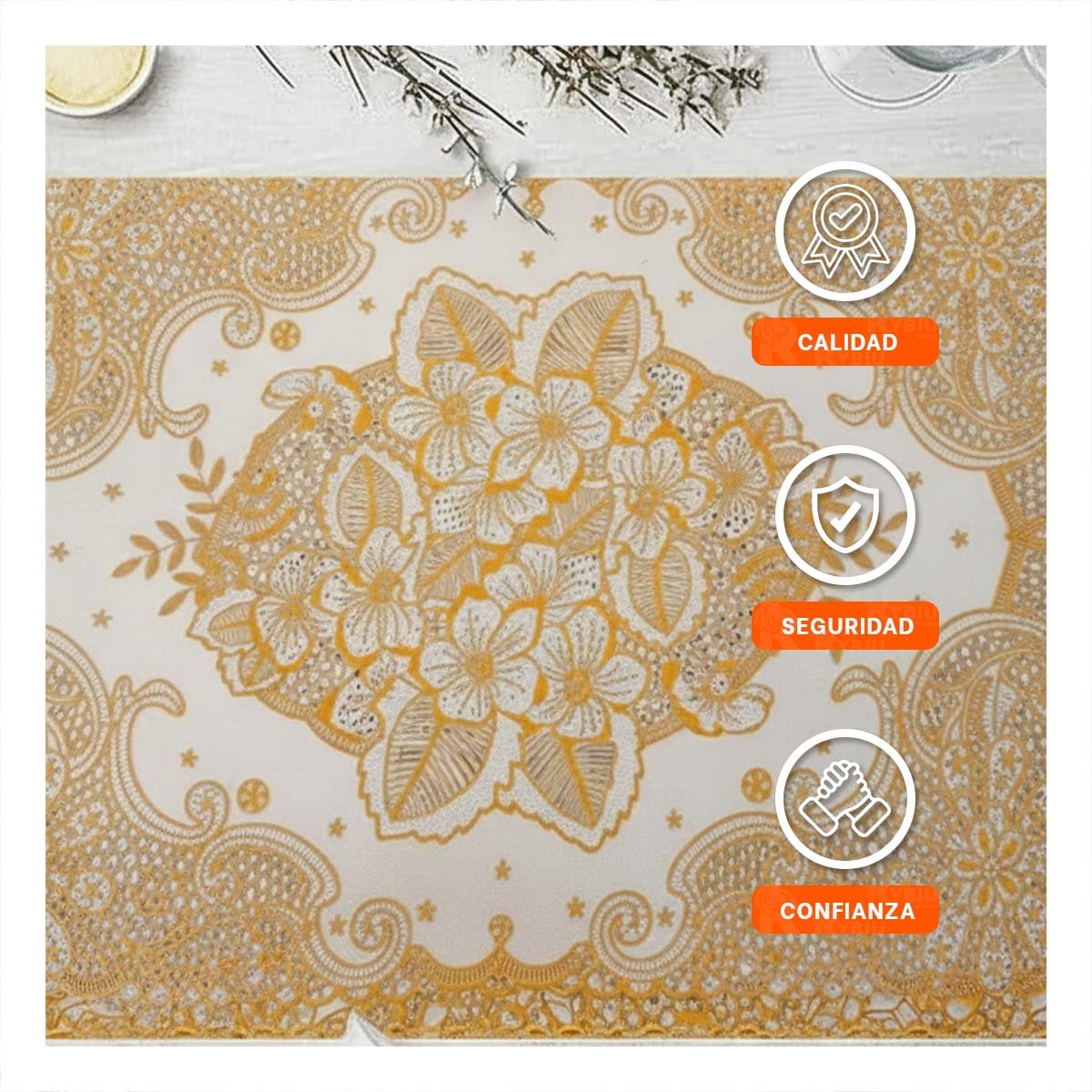 TAPETE MODERNO DORADO CON DISEÑO DE ENCAJE PARA CASA FESTIVA Y+PAPEL REGALO - 3