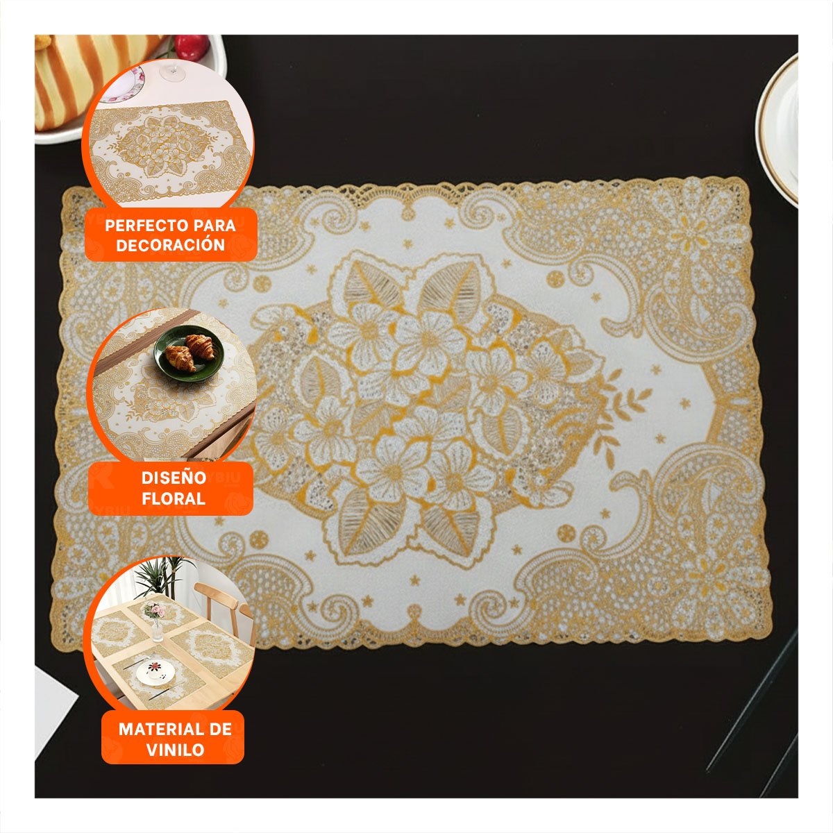 TAPETE MODERNO DORADO CON DISEÑO DE ENCAJE PARA CASA FESTIVA Y+PAPEL REGALO - 5