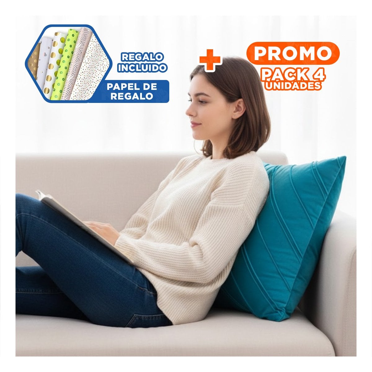 PACK4 FUNDA PARA ALMOHADA DE TERCIOPELO Y DIAGONALES EN COLOR TURQUEZA Y+PAPEL REGALO - 1