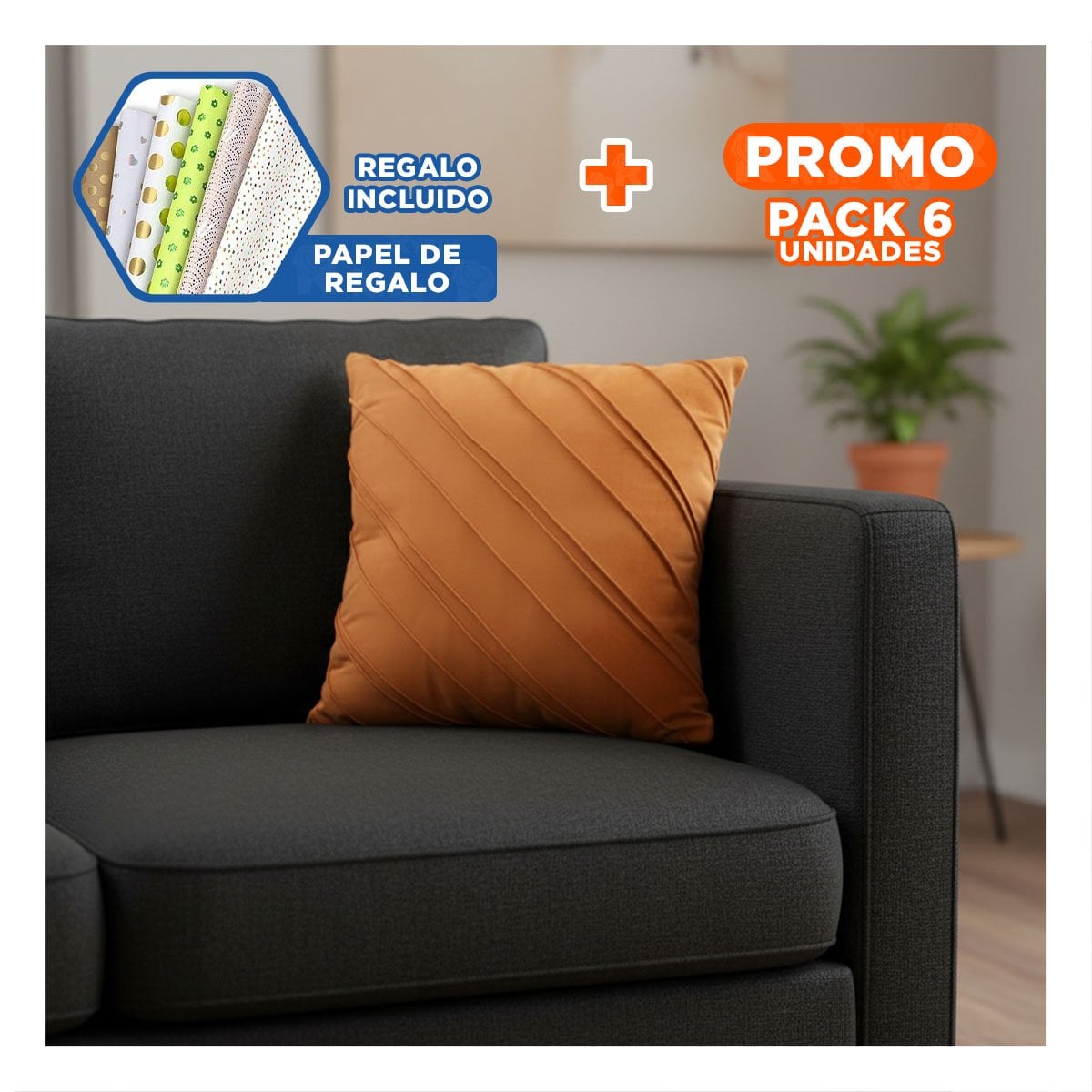 PACK6 CAPA PARA ALMOHADA CON ENFOQUE VISUAL EN TERCIOPELO NARANJA Y+PAPEL REGALO - 1