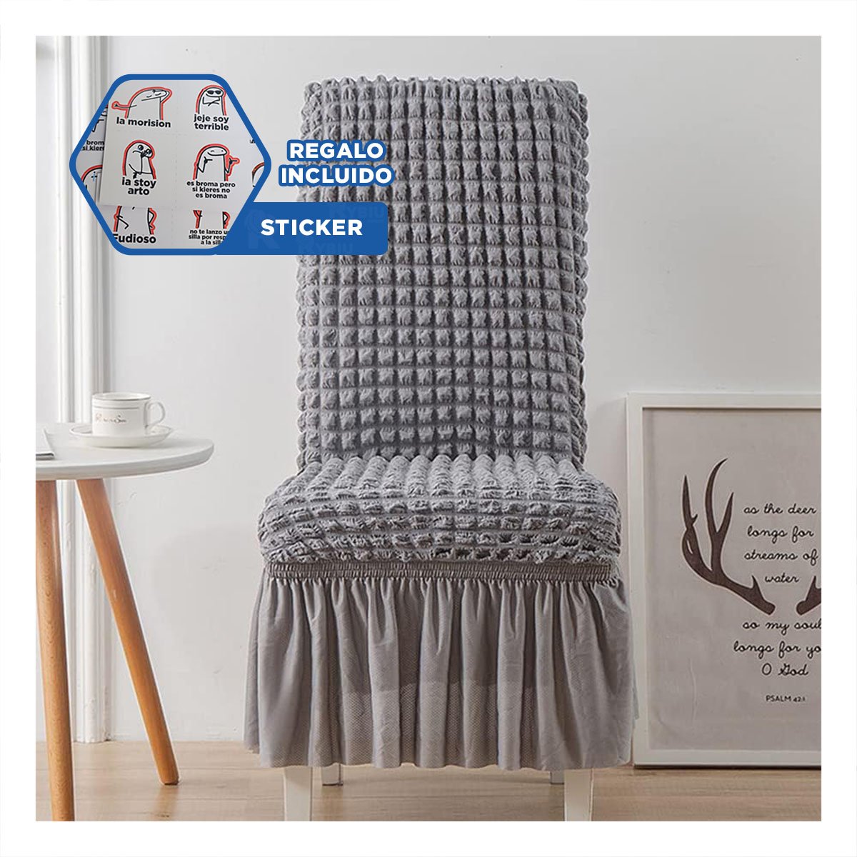 CUBIERTA ELASTICA COLOR PLOMO PARA SILLA CON RELIEVE GEOMETRICO CUADRADO Y+REGALO STICKER - 1