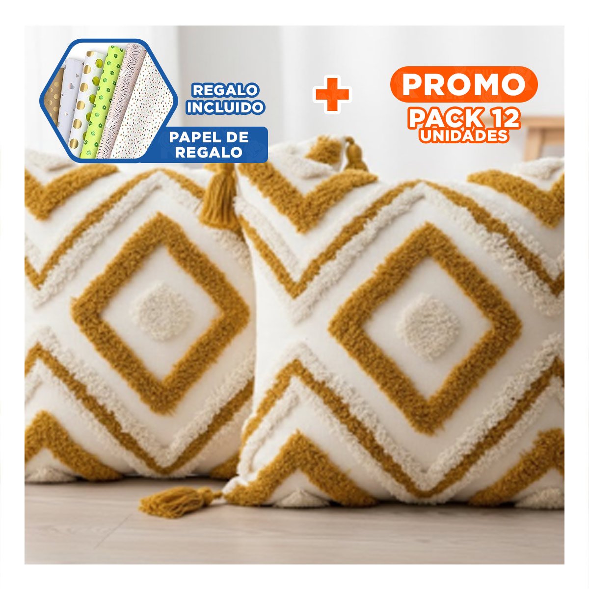 PACK12 PROTECTOR BOHO DE ROMBOS SOBRE TEXTURA POLIESTER CREMA Y AMARILLO Y+PAPEL REGALO - 1