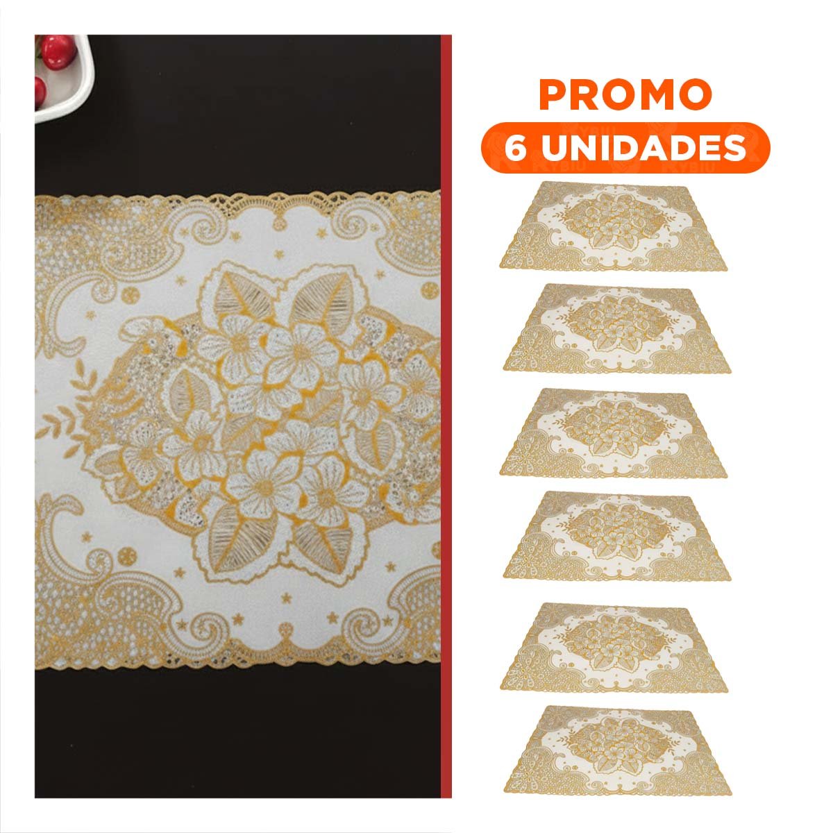 PACK6 INDIVIDUAL DORADO SOFISTICADO CON FLORES PARA MESA FESTIVA - 1