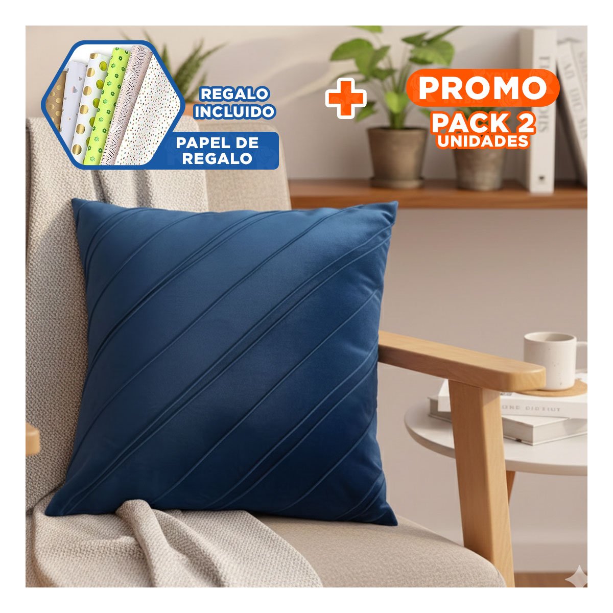 PACK2 FUNDA PARA ALMOHADA CON TERCIOPELO SUAVE Y RAYAS DIAGONALES DE COLOR AZUL YPAPEL REGALO - 1
