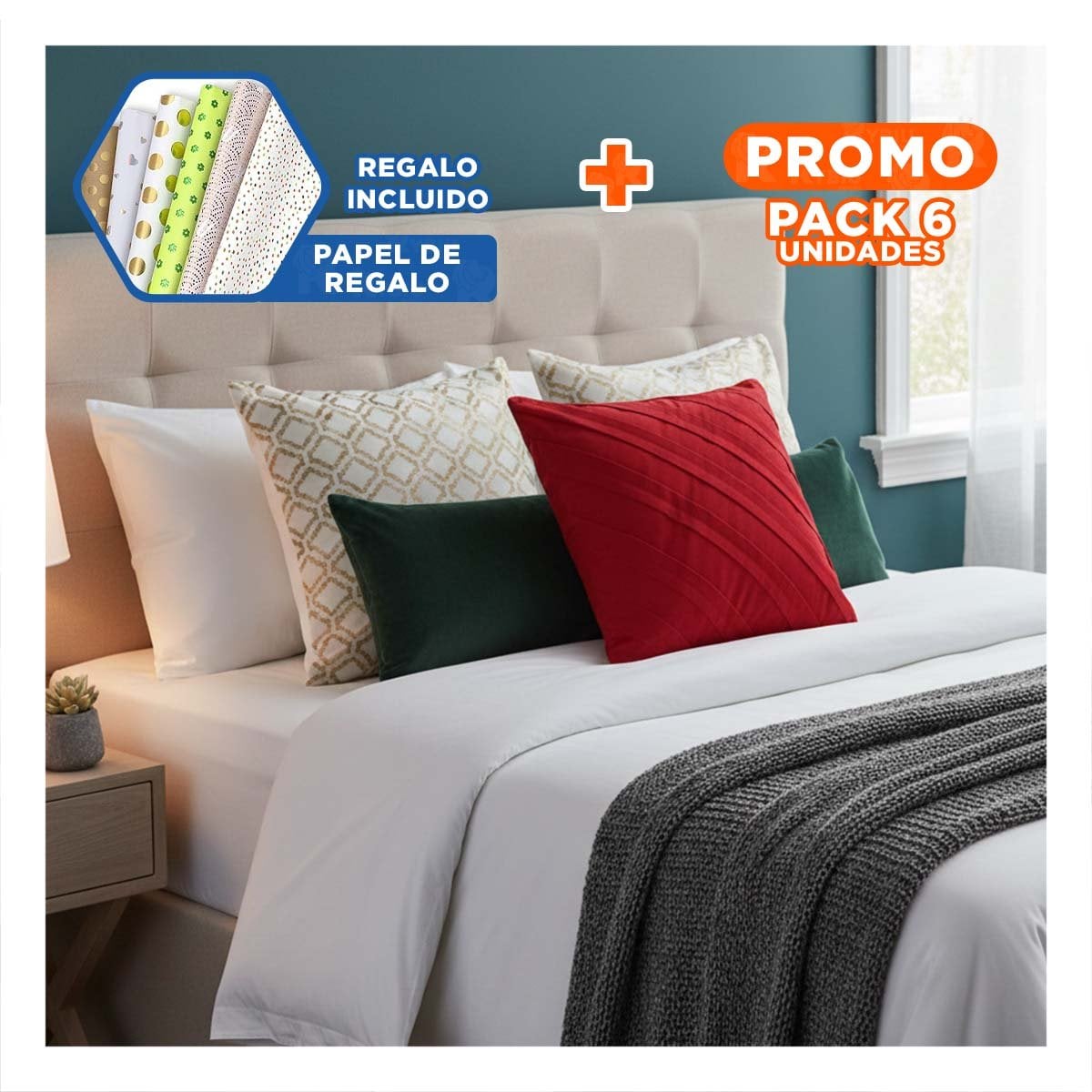 PACK6 CAPA PARA ALMOHADA CON ENFOQUE VISUAL EN TERCIOPELO ROJO DE 45CM Y+PAPEL REGALO - 1