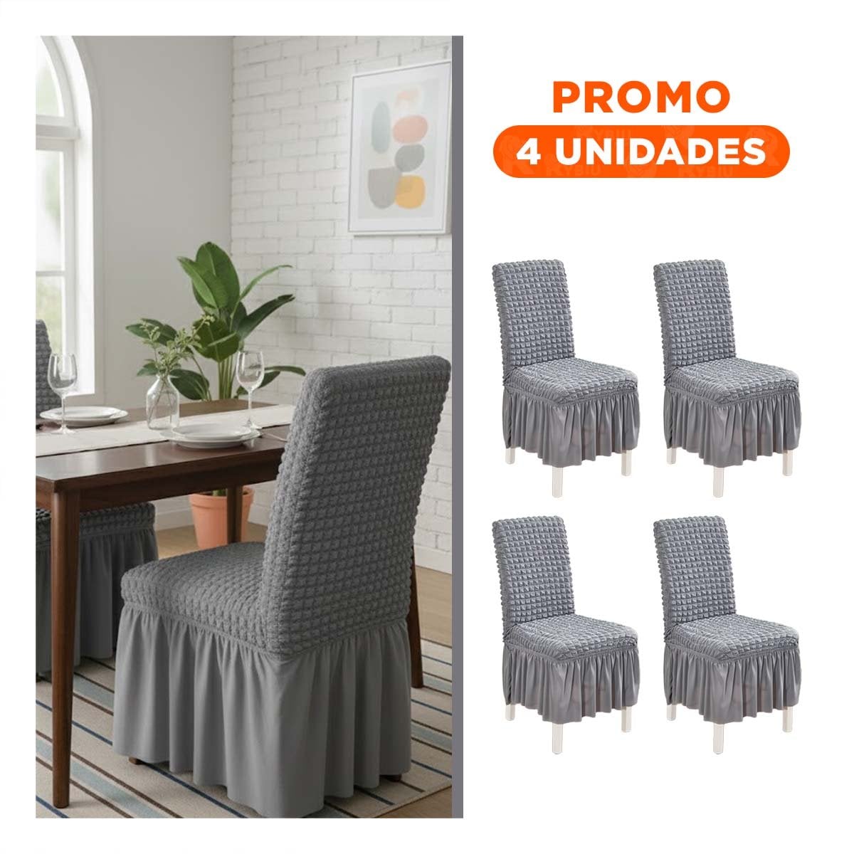 PACK4 FORRO PARA SILLA COLOR PLOMO ELASTICA CON PATRON TEXTURIZADO CUADRADO Y+REGALO STICKER - 1
