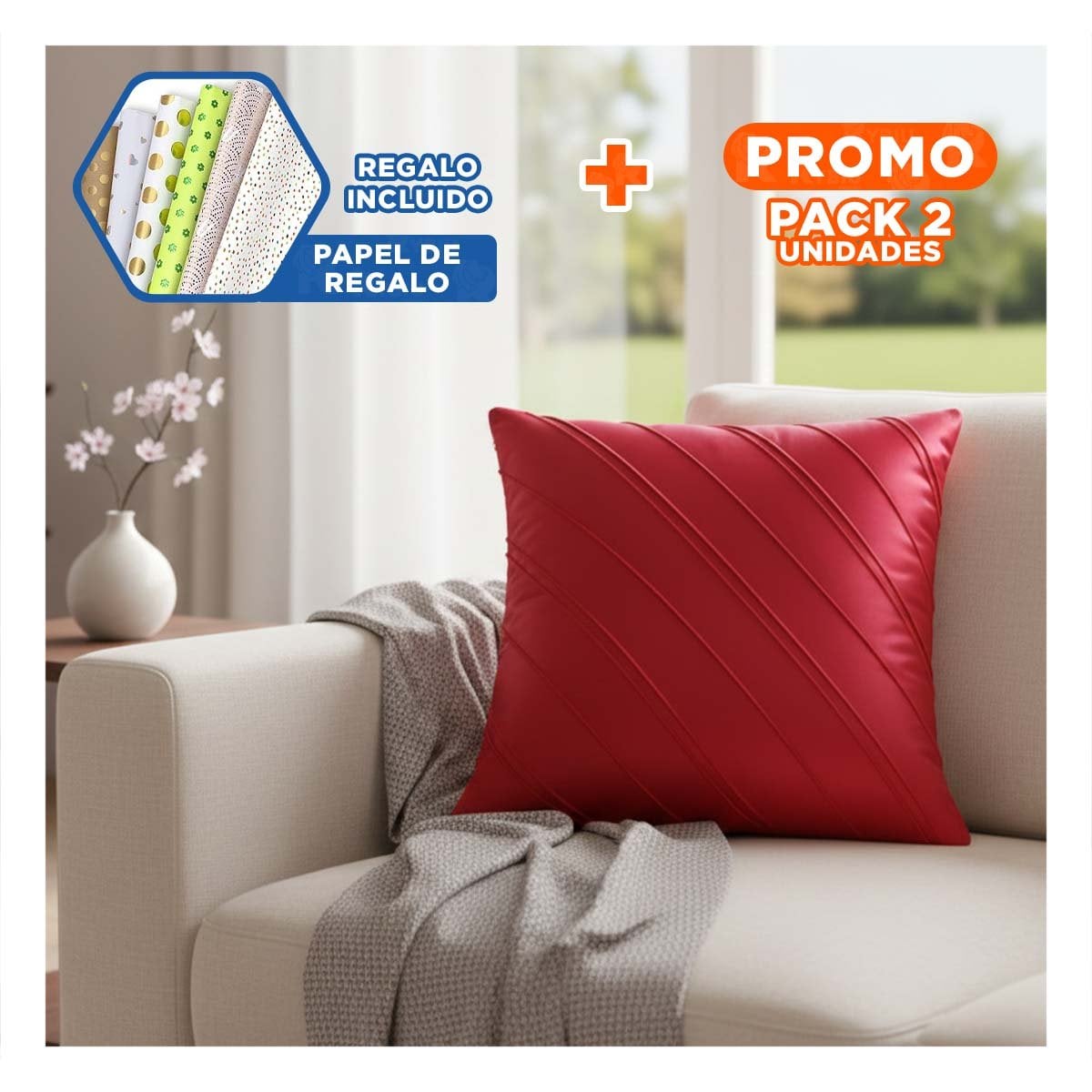 PACK2 FUNDA PARA ALMOHADA CON TERCIOPELO SUAVE Y RAYAS DIAGONALES DE COLOR ROJO Y+PAPEL REGALO - 1