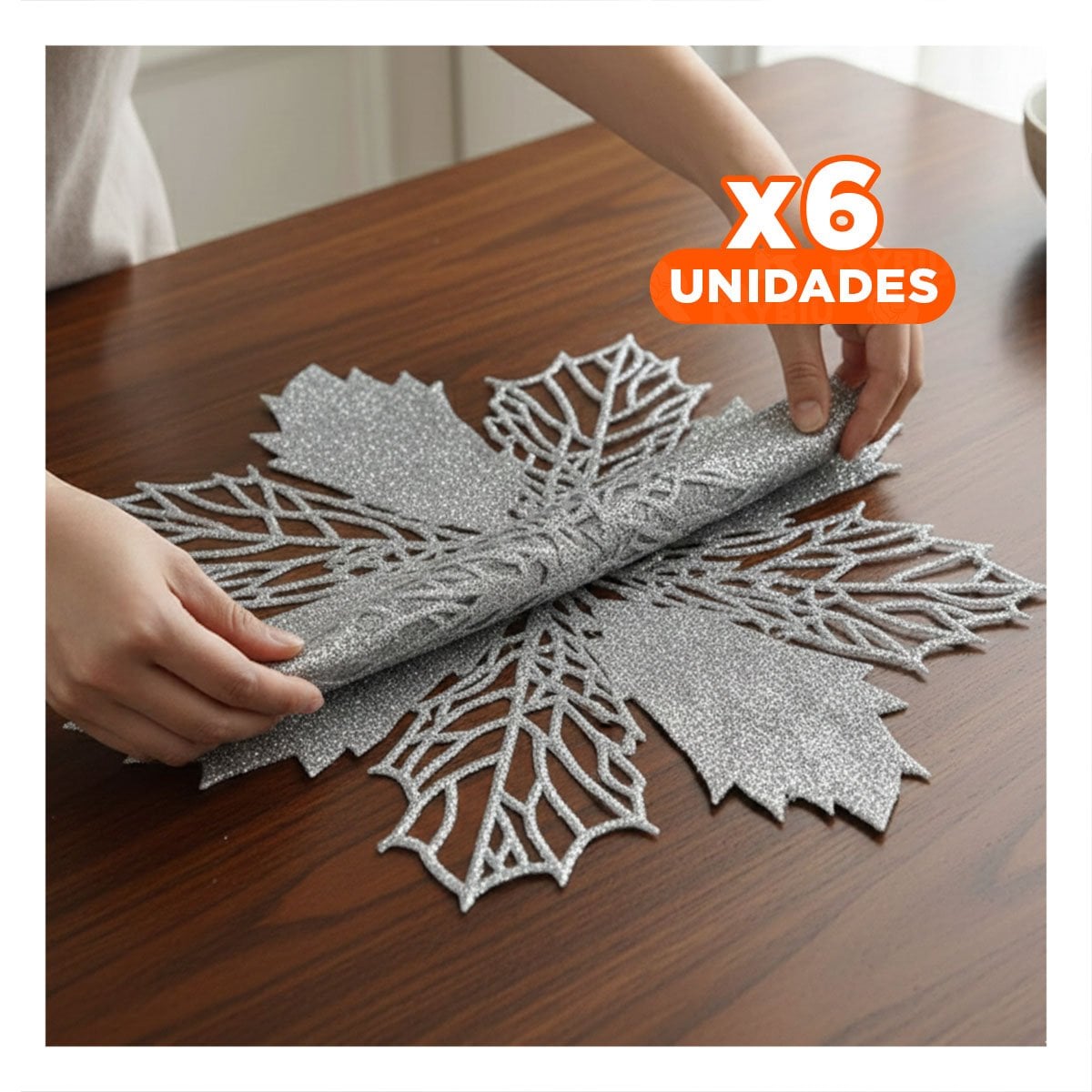 PACK6 COLECCION PARA MESA 6 INDIVIDUALES FLOR DE PINA PLATEADO 42X42 CM NAVIDAD YPAPEL REGALO - 1