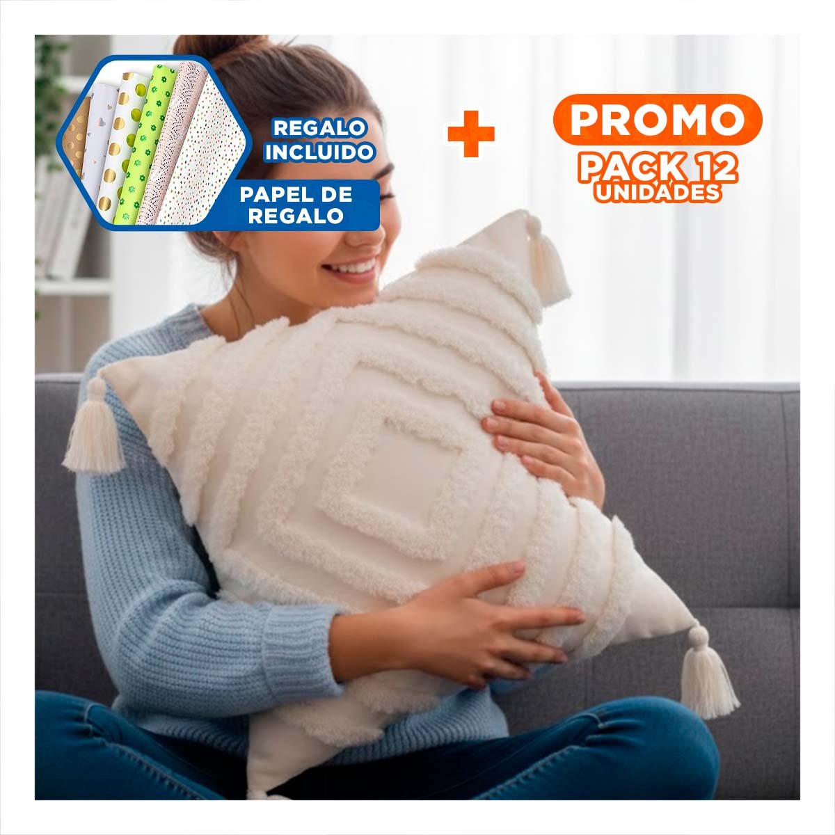 PACK12 PROTECTOR BOHO DE ROMBOS CRECIENDO SOBRE TEXTURA POLIESTER CREMA YPAPEL REGALO - 1
