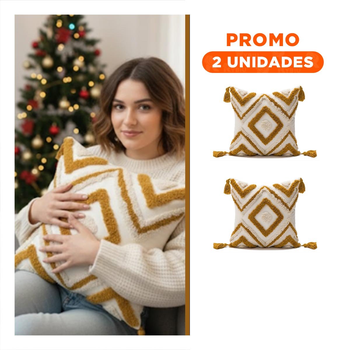 PACK2 FUNDA CON ESTILO BOHO Y ROMBOS CRECIENDO EN POLIESTER COLOR CREMA Y AMARILLO - 1