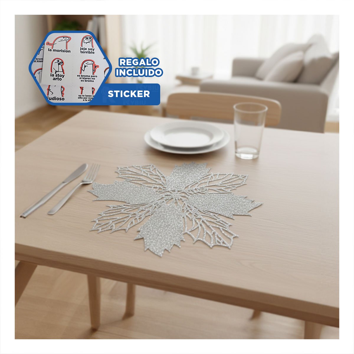 PACK PARA MESA 6 INDIVIDUALES FLOR DE PINA PLATEADO 42X42 CM HOGAR YREGALO STICKER - 1