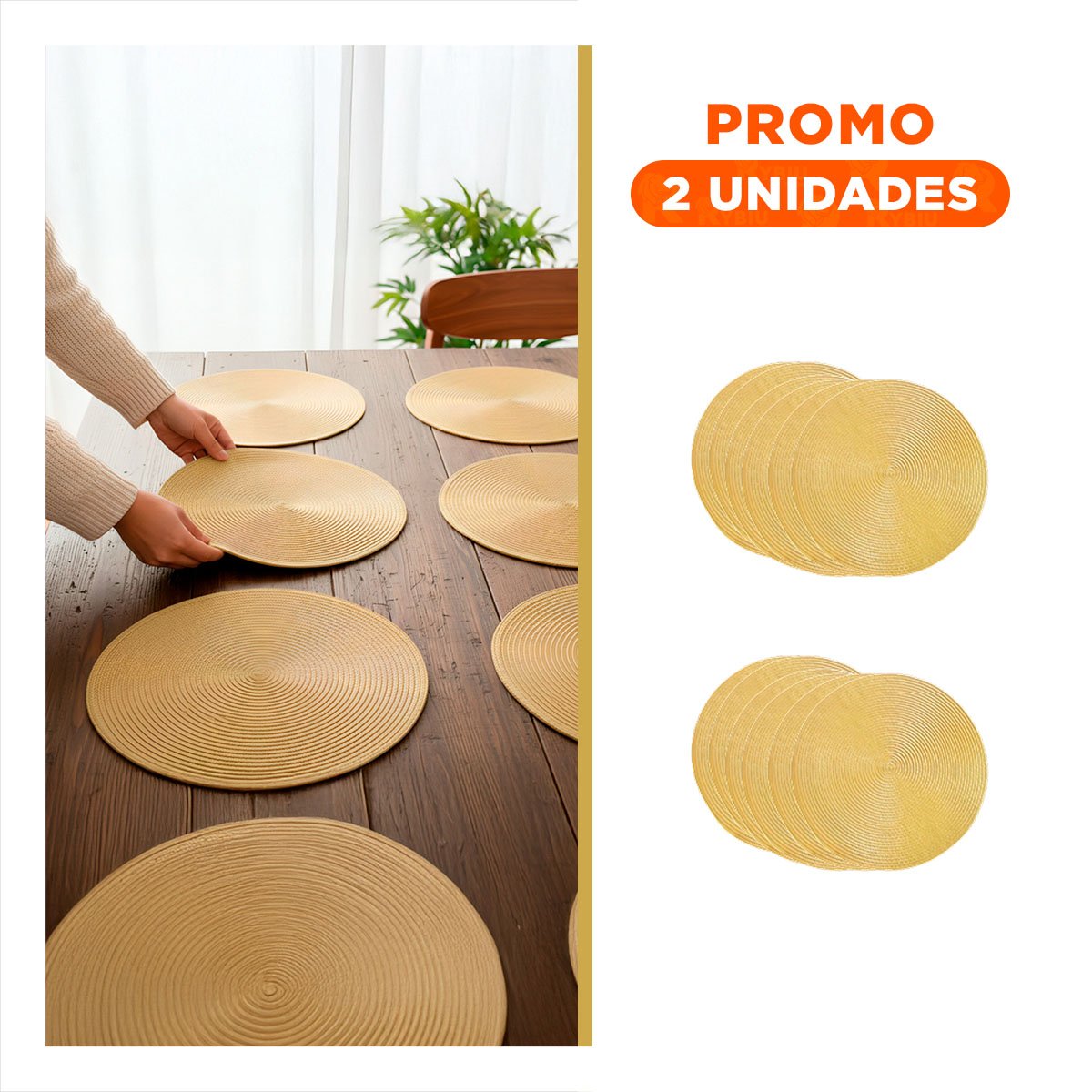 PACK2 INDIVIDUAL PARA MESA CIRCULAR CON TEXTURA PAJITA BRILLOSO EN COLOR DORADO - 1