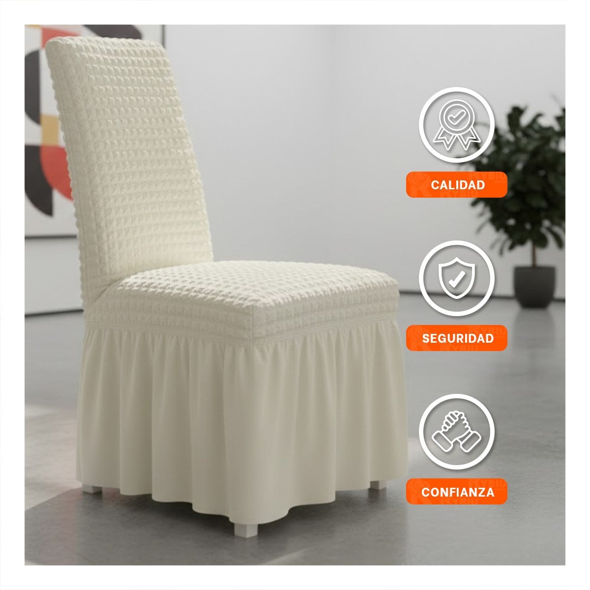 PACK4 FUNDA ELASTICA PARA SILLA CON RELIEVE CUADRADO COLOR CREMA - 3