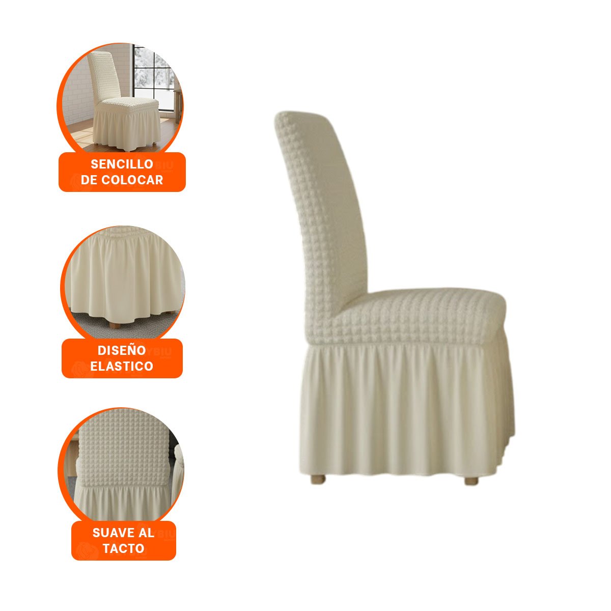 CUBIERTA ELASTICA PARA SILLA COLOR CREMA CON RELIEVE DE BURBUJAS CUADRADAS - 3
