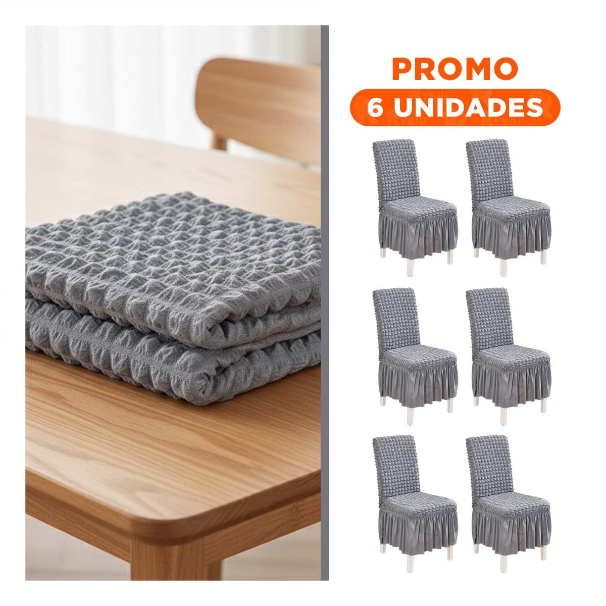 PACK6 FORRO ELASTICA DE SILLA COLOR PLOMO CON RELIEVE VISUAL DE BURBUJAS - 1