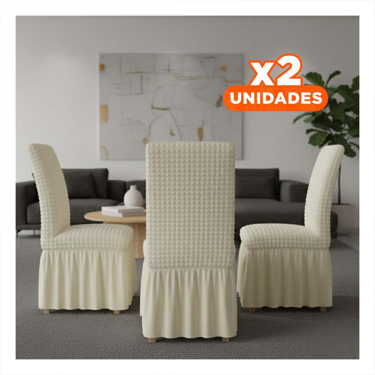 PACK2 FUNDA PARA SILLA CON PATRON CUADRADO ELASTICA EN COLOR CREMA Y+REGALO STICKER - 1