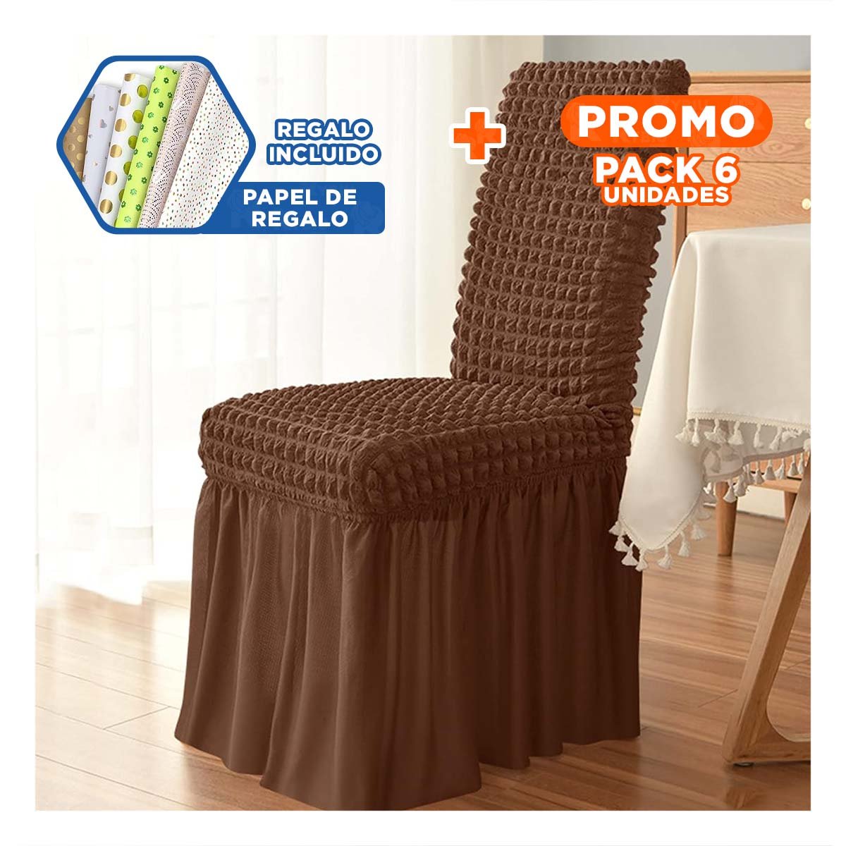PACK6 FORRO PARA SILLA CON PATRON CUADRADO ELASTICA EN COLOR MARRON Y+PAPEL REGALO - 1