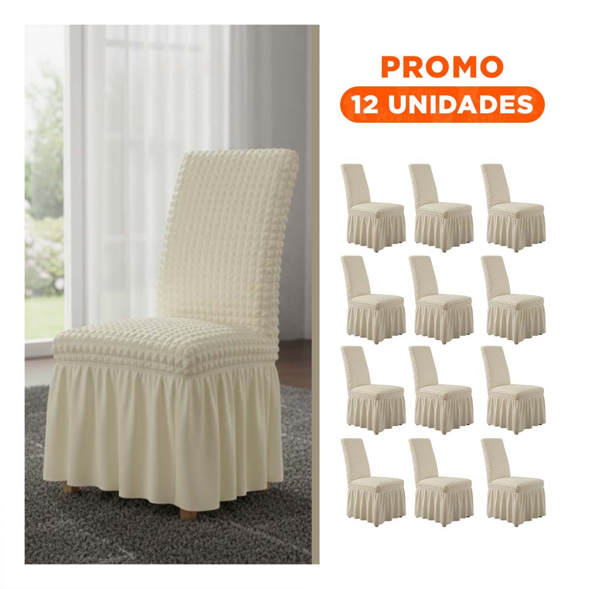 PACK12 PROTECTOR ELASTICA PARA SILLA CON RELIEVE CUADRADO COLOR CREMA Y+REGALO STICKER - 1