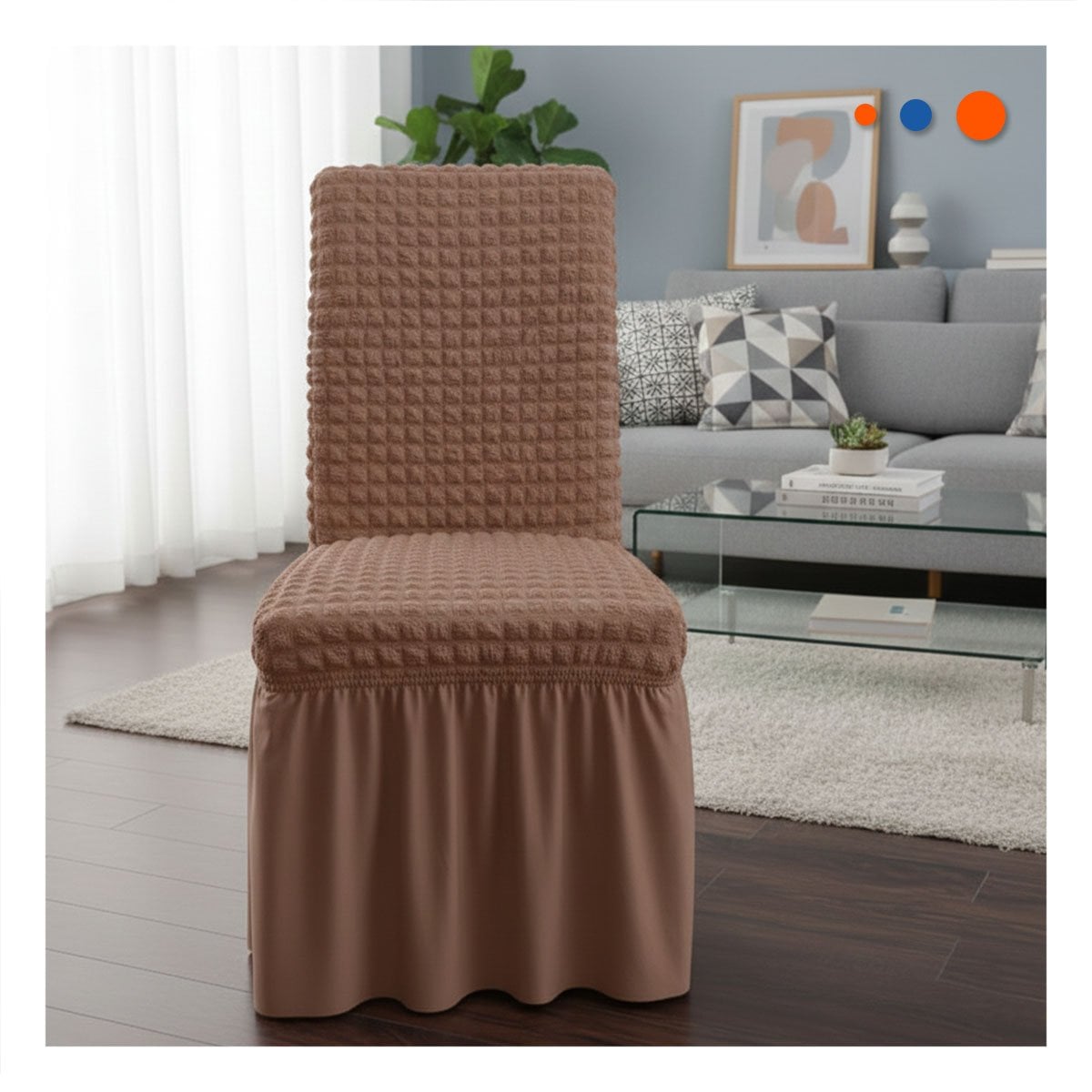 PACK2 FUNDA PARA SILLA CON PATRON CUADRADO ELASTICA EN COLOR MARRON Y+REGALO STICKER - 3