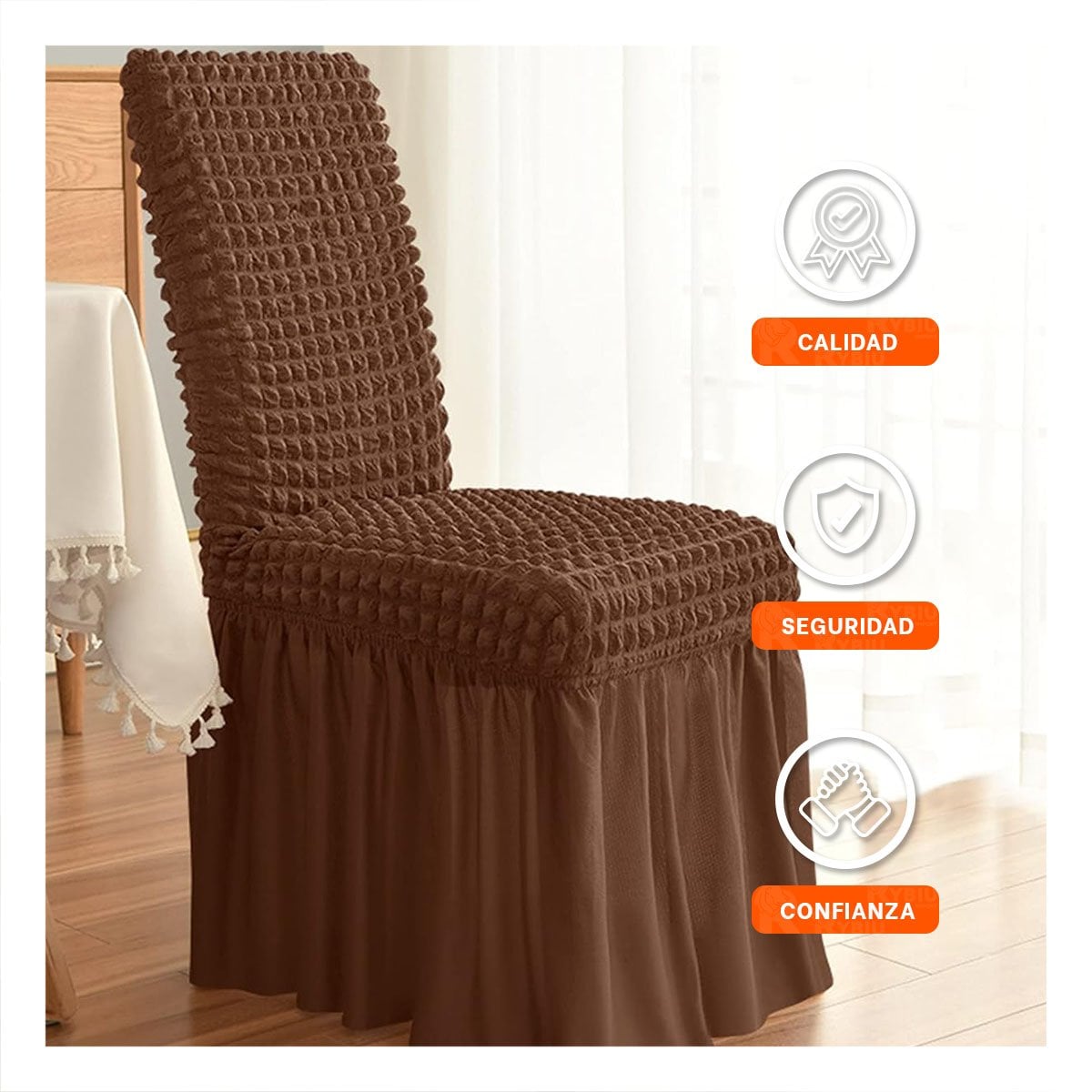 PACK2 FUNDA PARA SILLA CON PATRON CUADRADO ELASTICA EN COLOR MARRON Y+REGALO STICKER - 5