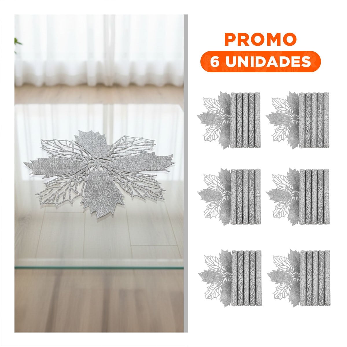 PACK6 COLECCION DECORATIVA 6 INDIVIDUALES FLOR DE PINA PLATEADO 42X42 CM HOGAR - 1