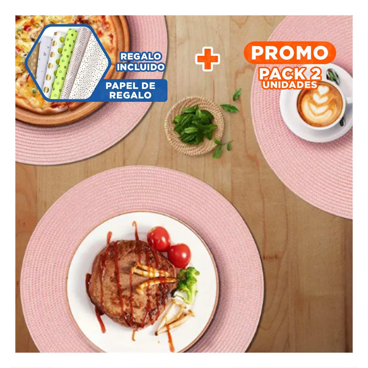 PACK2 SALVAMANTEL DE MESA CIRCULAR BOHO ROSADO PARA COMEDOR Y+PAPEL REGALO - 1