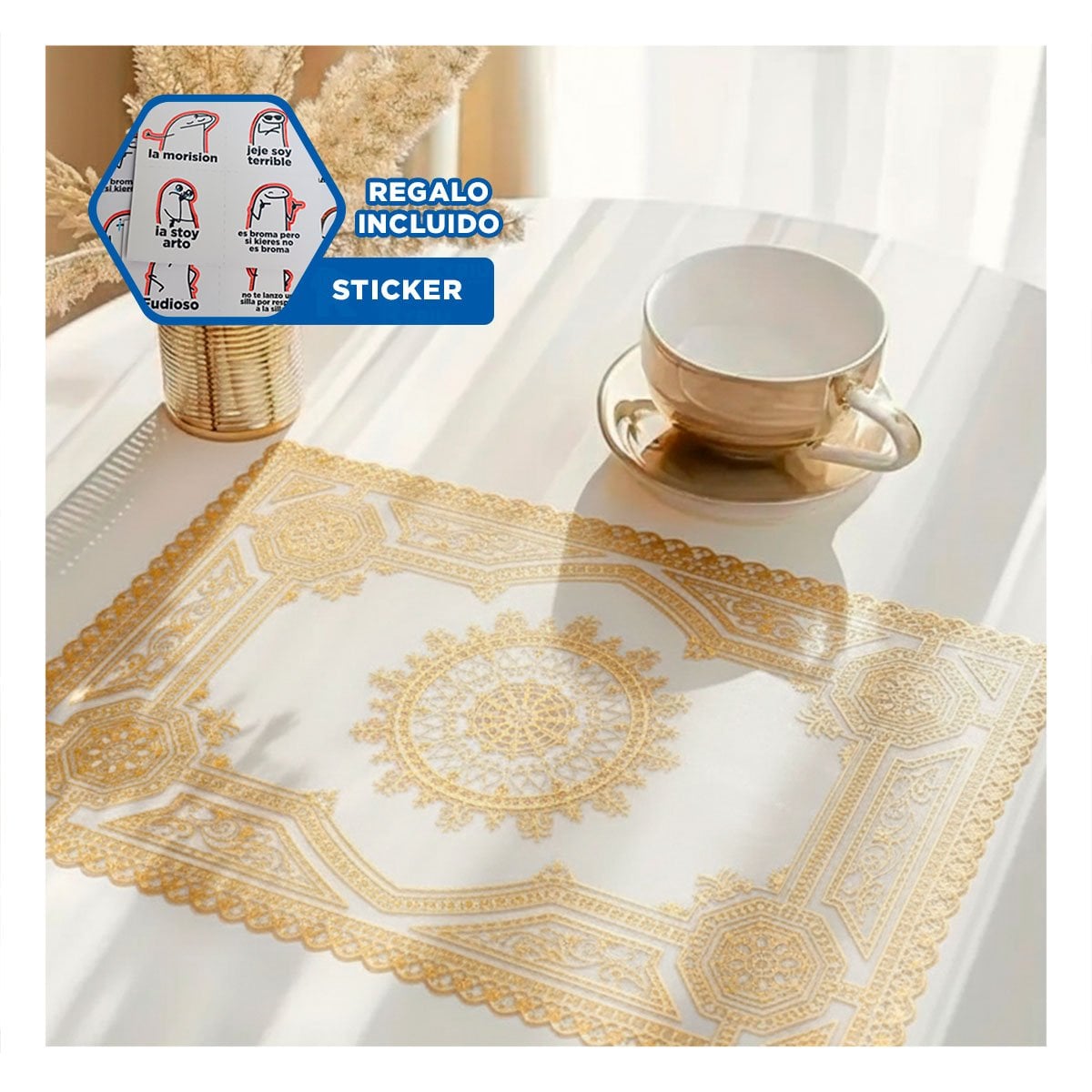 TAPETE SOFISTICADO DORADO CON MANDALA PARA MESA NAVIDEÑA Y+REGALO STICKER - 1
