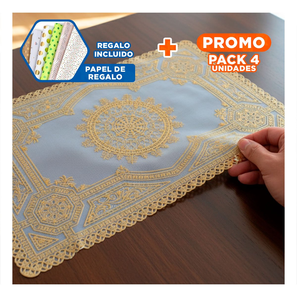 PACK4 INDIVIDUAL DORADO ELEGANTE CON DISEÑO MANDALA PARA HOGAR MODERNO Y+PAPEL REGALO - 1