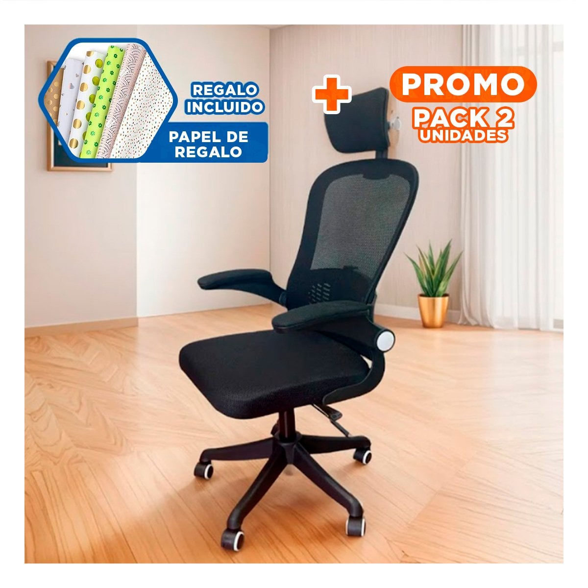 PACK2 SILLA DE ESCRITORIO DE OFICINA CON ESTILO FUNCIONAL Y USO PROLONGADO NEGRO Y+PAPEL REGALO - 1