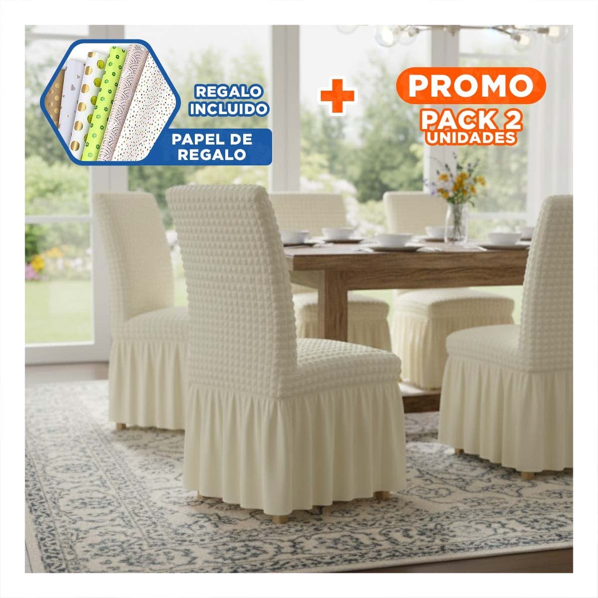 PACK2 FUNDA ELASTICA DE SILLA COLOR CREMA CON RELIEVE VISUAL DE BURBUJAS Y+PAPEL REGALO - 1