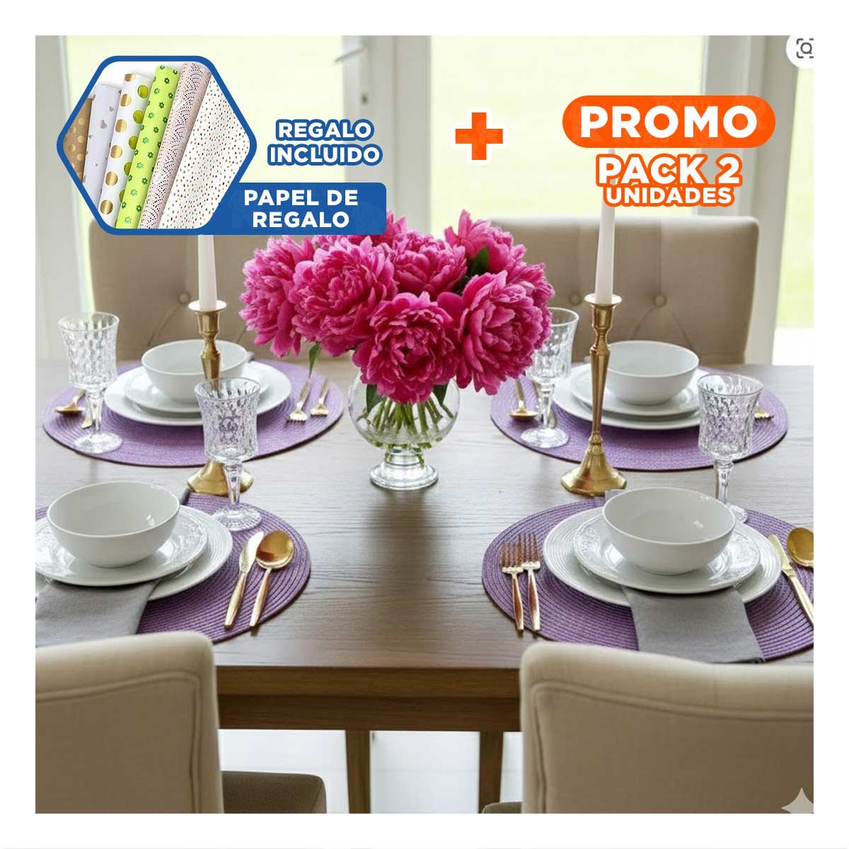 PACK2 SALVAMANTEL DE MESA CIRCULAR BOHO MORADO PARA COMEDOR YPAPEL REGALO - 1