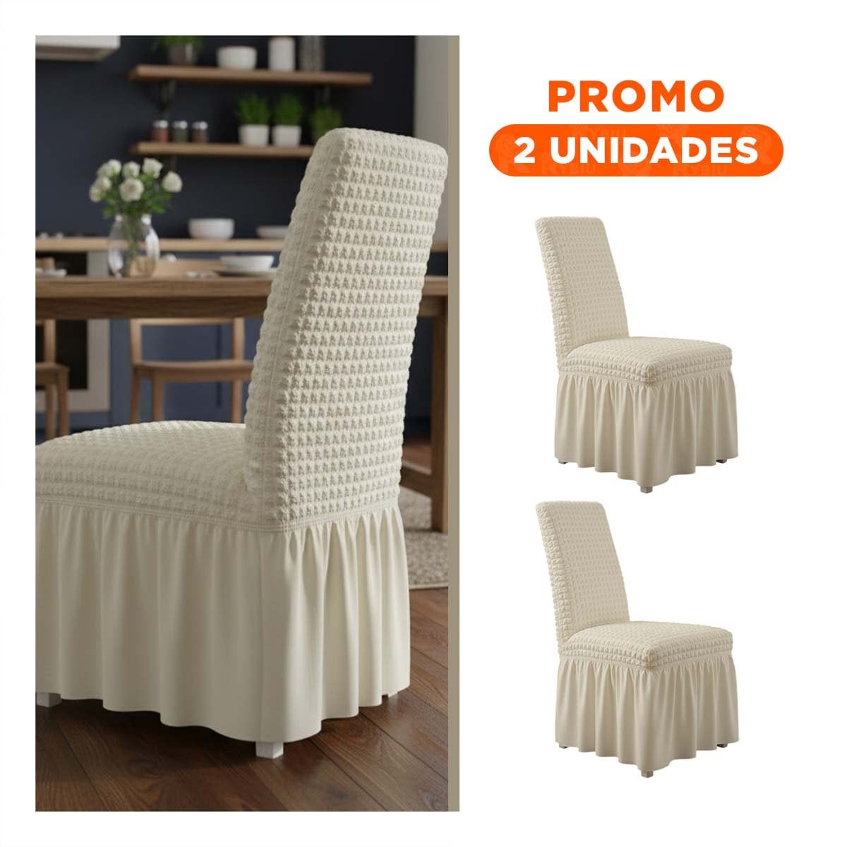 PACK2 FUNDA PARA SILLA COLOR CREMA ELASTICA CON PATRON TEXTURIZADO CUADRADO - 1