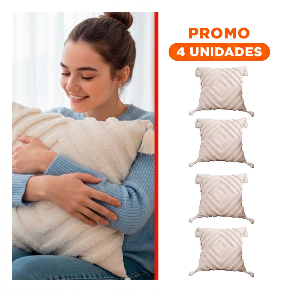 PACK4 FORRO DECORATIVO CON ESTILO BOHO Y ROMBOS CRECIENDO POLIESTER CREMA Y+REGALO STICKER - 1