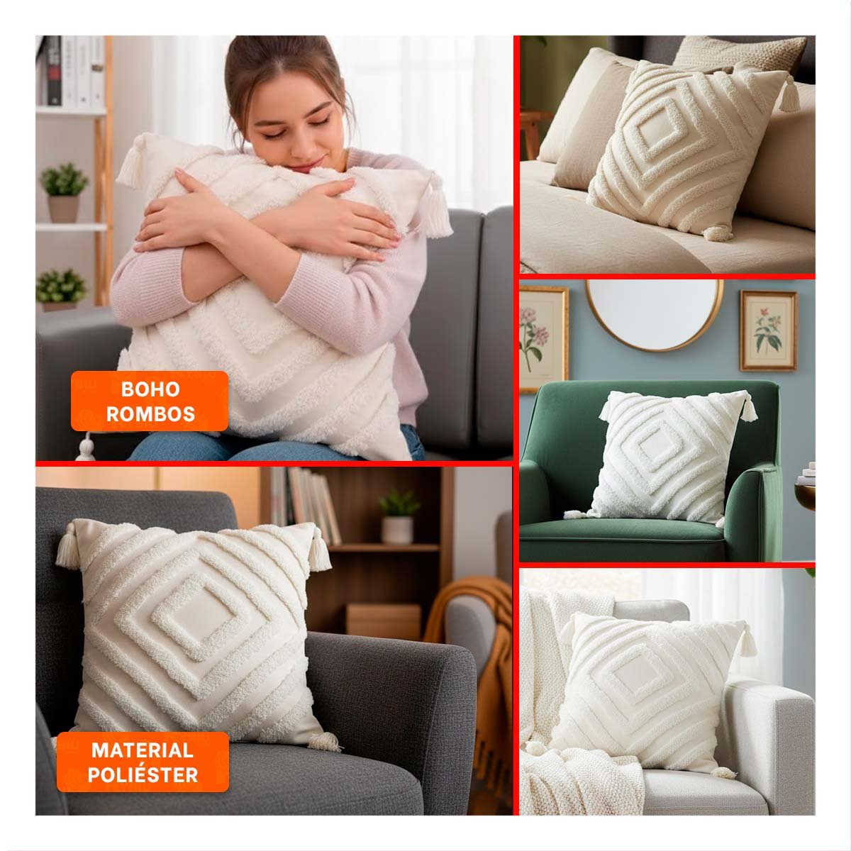 PACK4 FORRO DECORATIVO CON ESTILO BOHO Y ROMBOS CRECIENDO POLIESTER CREMA Y+REGALO STICKER - 2