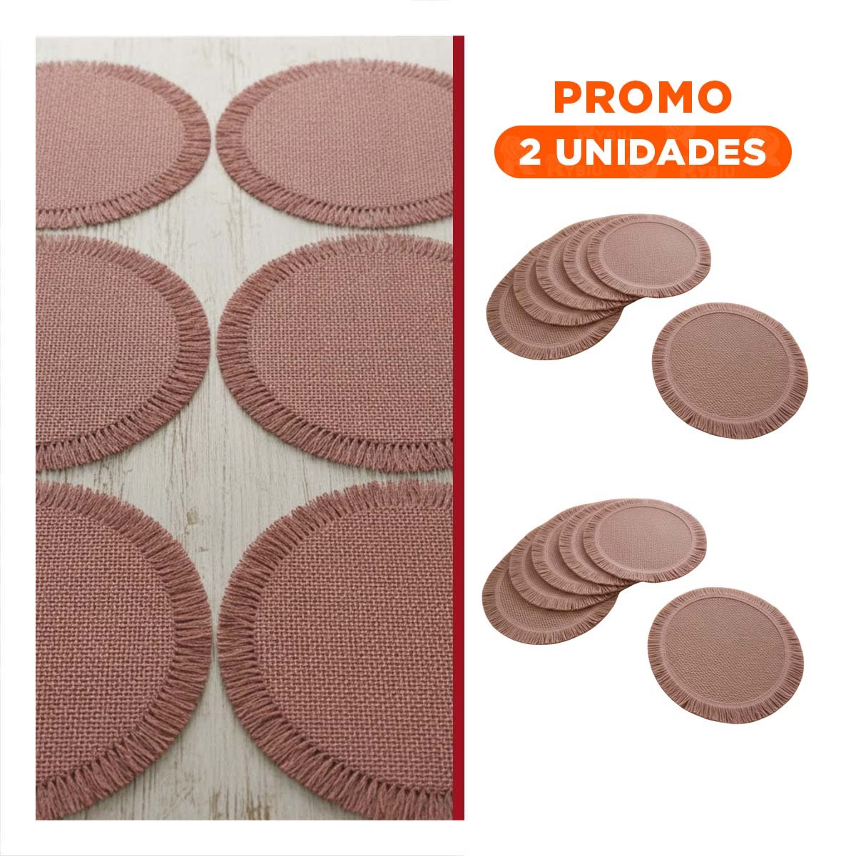 PACK2 INDIVIDUALES CIRCULARES DE TEJIDO VISIBLE CON FLECOS ROSADO SET DE 6 - 1