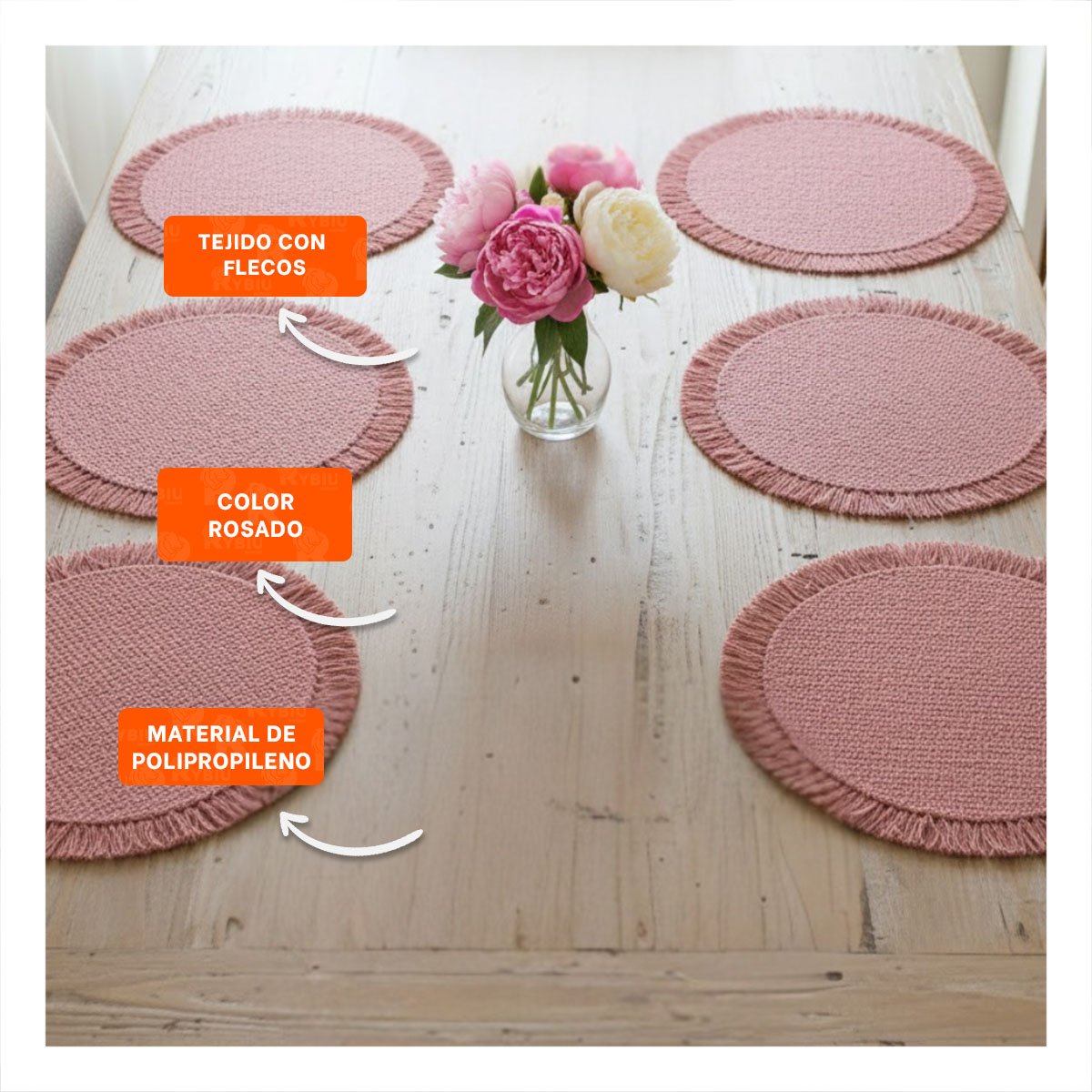 PACK2 INDIVIDUALES CIRCULARES DE TEJIDO VISIBLE CON FLECOS ROSADO SET DE 6 - 5