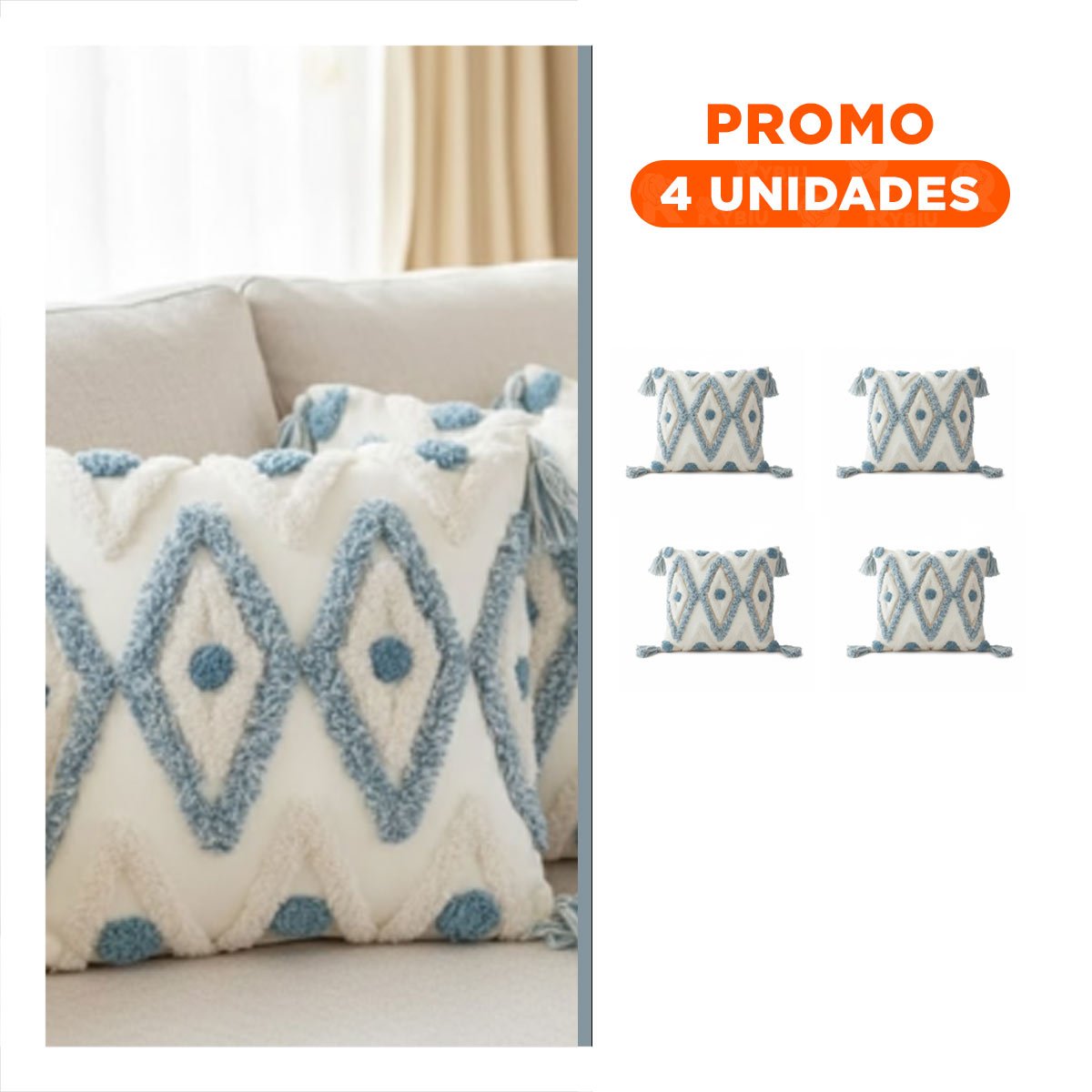 PACK4 FORRO DECORATIVO CON ESTILO BOHO Y ROMBOS POLIESTER CREMA Y CELESTE Y+REGALO STICKER - 1