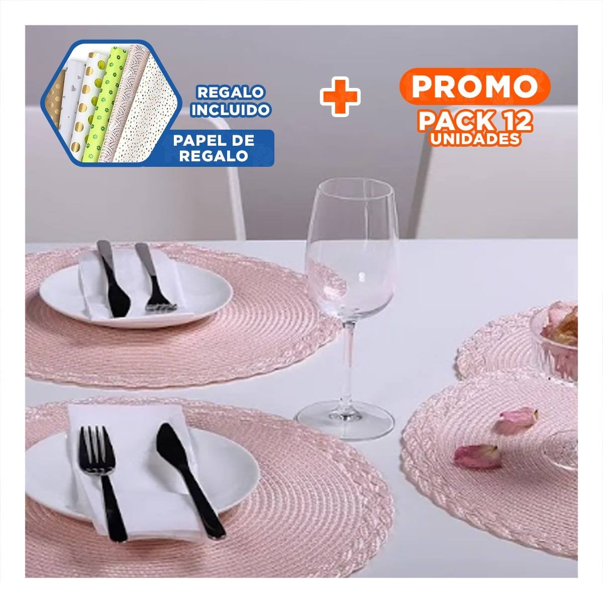 PACK12 PROTECTOR TEXTIL CIRCULAR BOHO ROSADO PARA COMEDOR Y+PAPEL REGALO - 1