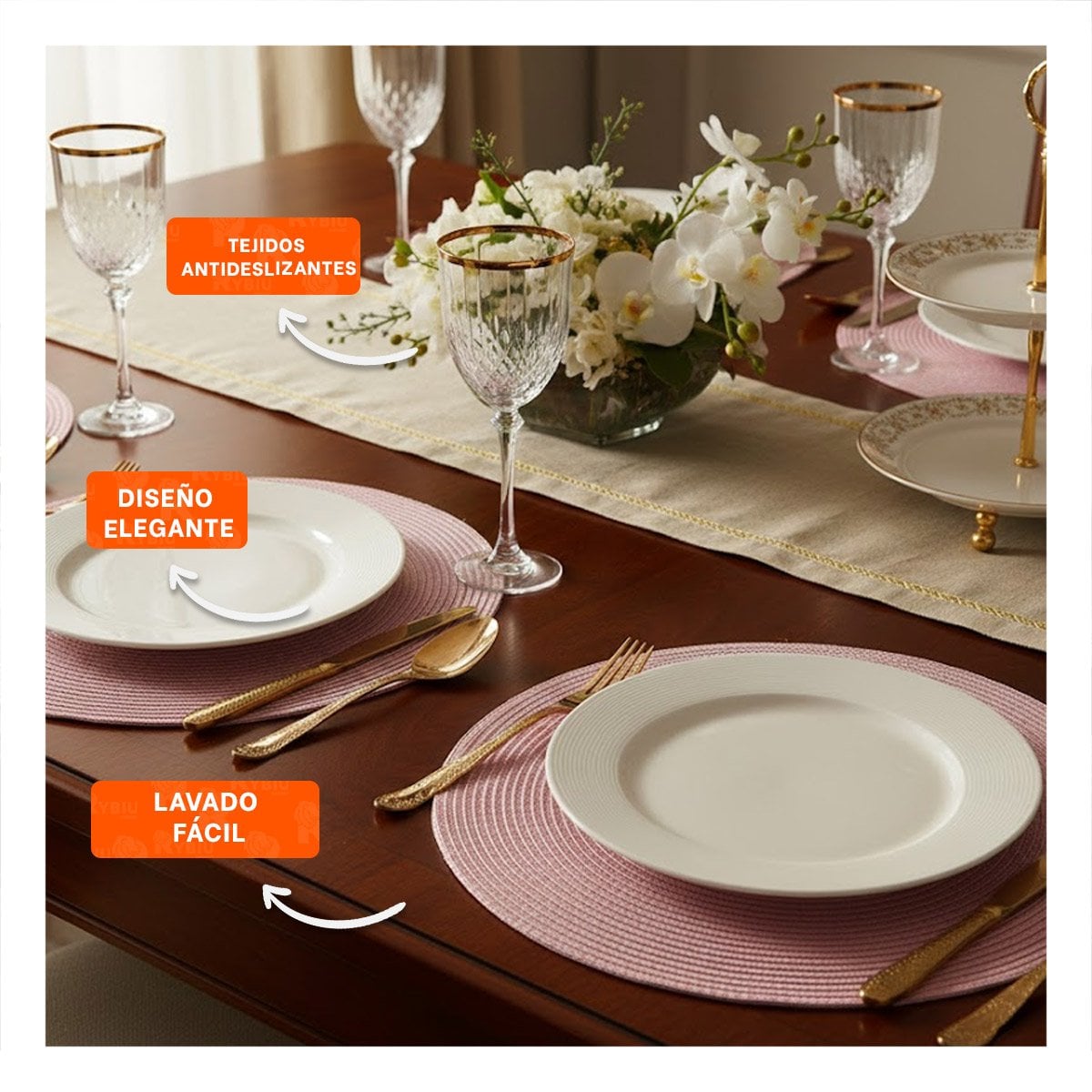 PACK12 PROTECTOR TEXTIL CIRCULAR BOHO ROSADO PARA COMEDOR Y+PAPEL REGALO - 3
