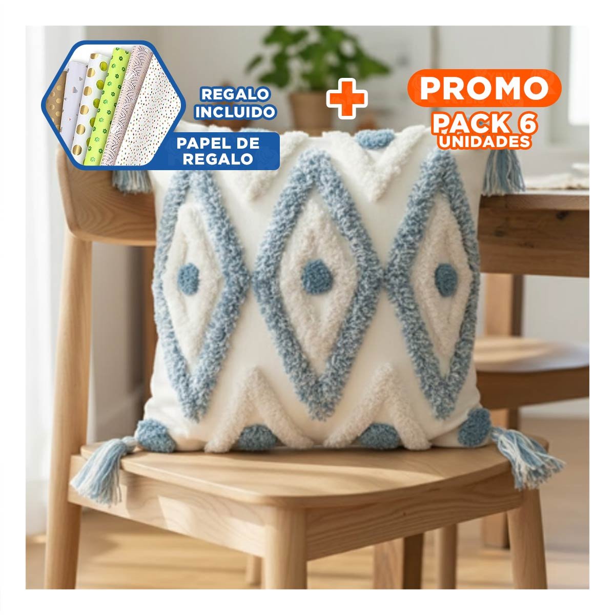 PACK6 FORRO TEXTIL BOHO ROMBOS PROGRESIVOS SOBRE BASE POLIESTER CREMA Y CELESTE Y+PAPEL REGALO - 1