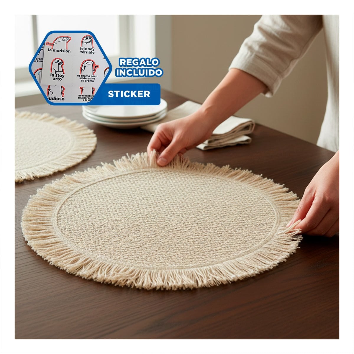 BASES TEJIDAS CIRCULARES EN COLOR BEIGE CON FLECOS SET DE 6 PIEZAS Y+REGALO STICKER - 1