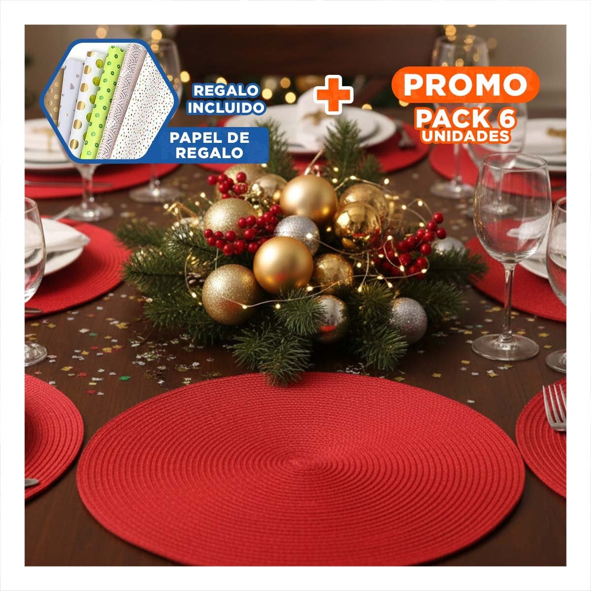 PACK6 CUBIERTA CIRCULAR PARA COMEDOR CON COLOR ROJO PAJITA MATE Y+PAPEL REGALO - 1
