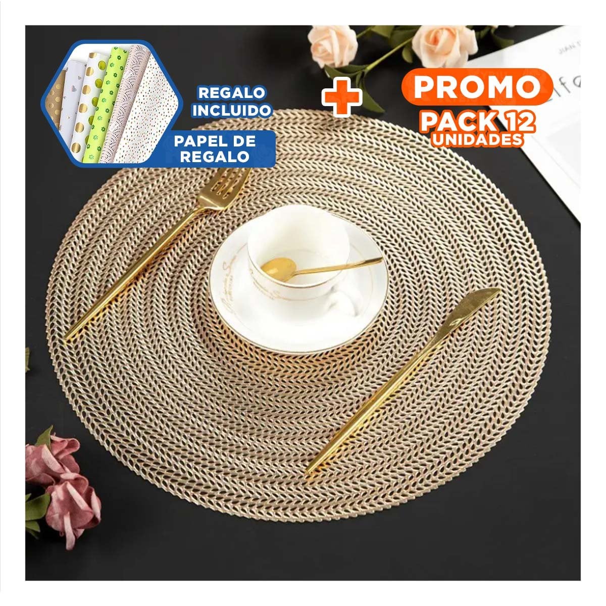 PACK12 ACCESORIO CIRCULAR DORADO MINI OJITAS PARA MESA CON SET DE SEIS Y+PAPEL REGALO - 1