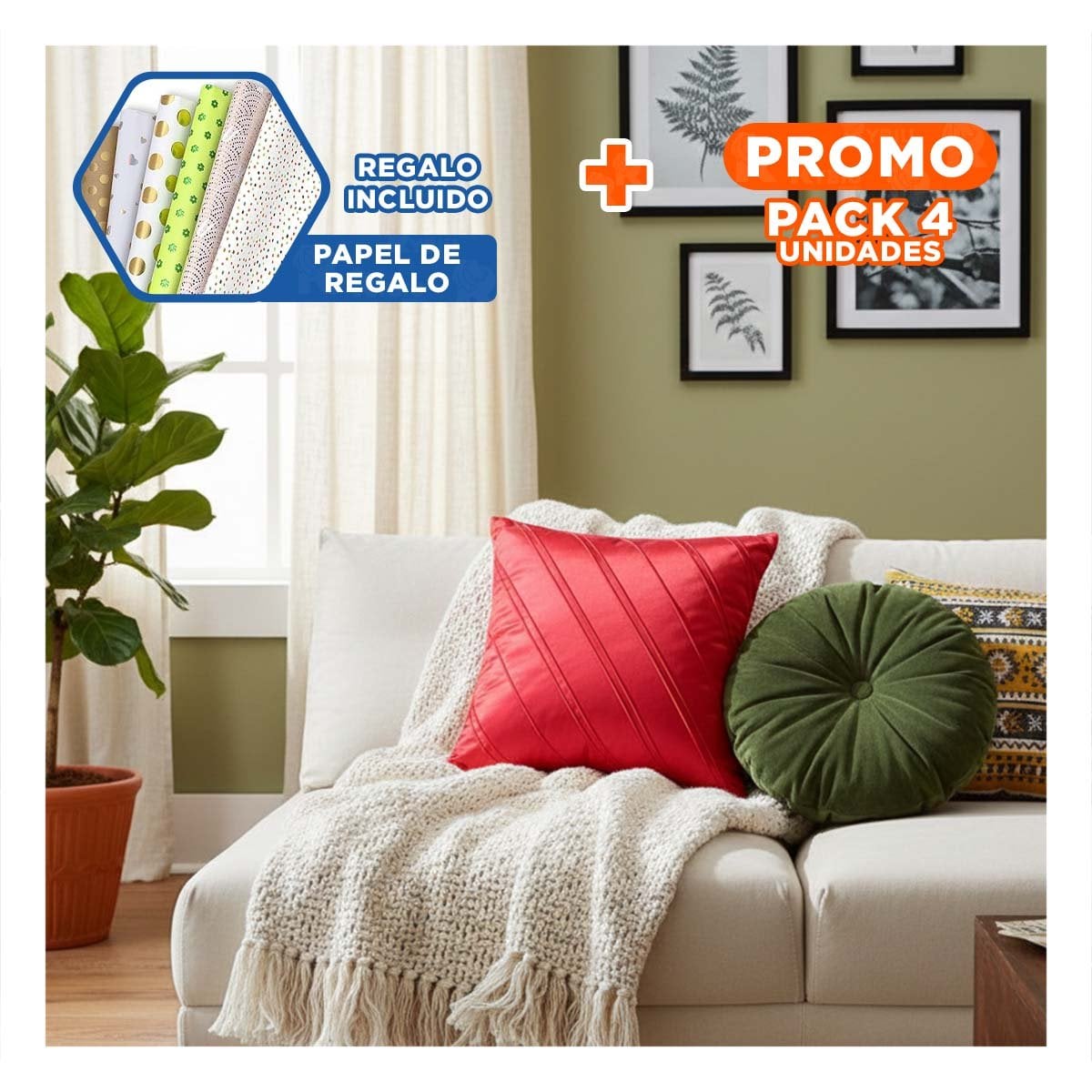 PACK4 FUNDA PARA ALMOHADA QUE COMBINA TERCIOPELO Y DIAGONALES EN COLOR ROJO YPAPEL REGALO - 1