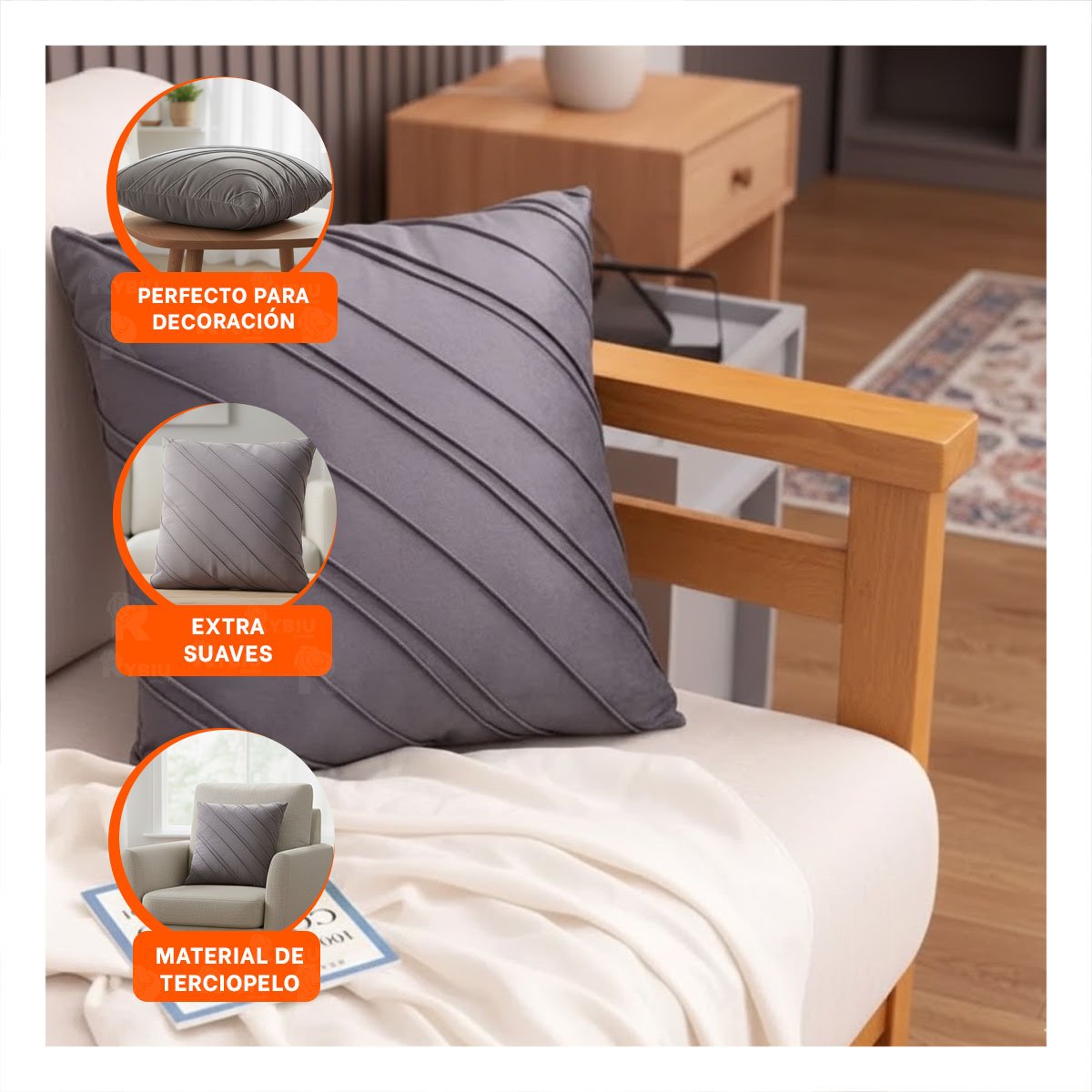 PACK2 FUNDA PARA ALMOHADA CON TERCIOPELO Y DIAGONALES DE COLOR PLOMO INTERMEDIO Y+PAPEL REGALO - 5
