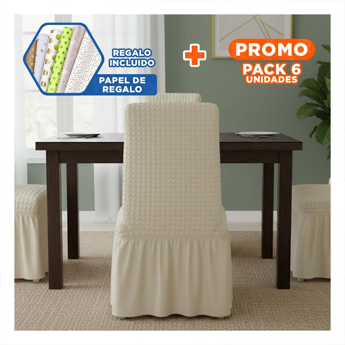PACK6 FORRO PARA SILLA CON PATRON CUADRADO ELASTICA EN COLOR CREMA Y+PAPEL REGALO - 1
