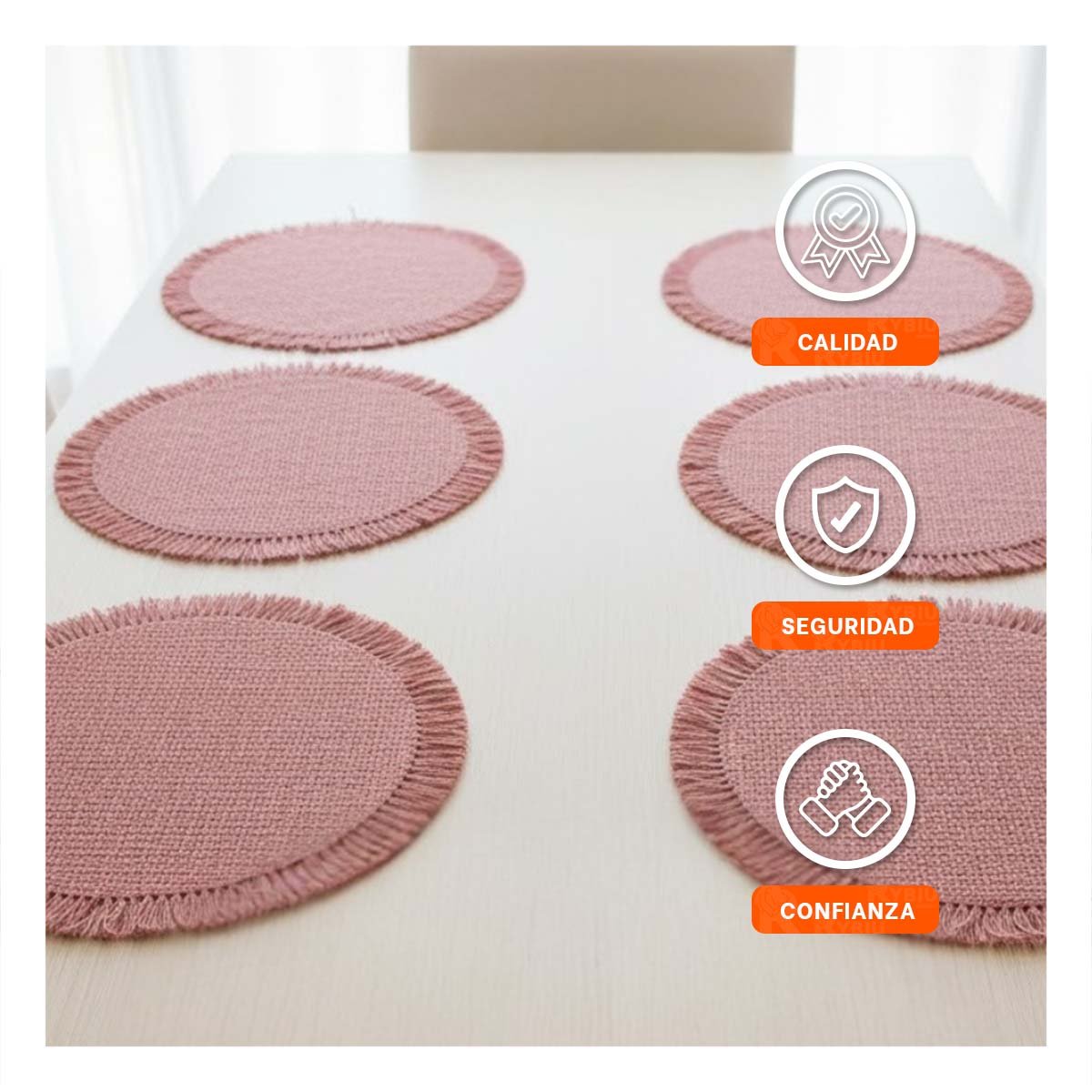 PACK2 INDIVIDUALES TEJIDOS PARA MESA CON FLECOS EN COLOR ROSADO SET DE 6 Y+REGALO STICKER - 5