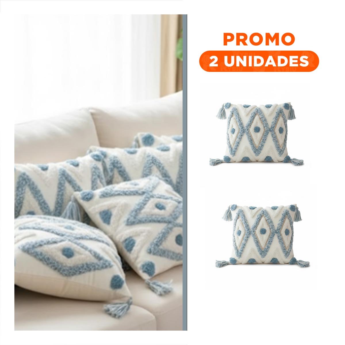 PACK2 FUNDA CON ESTILO BOHO Y ROMBOS CRECIENDO EN POLIESTER COLOR CREMA Y CELESTE - 1